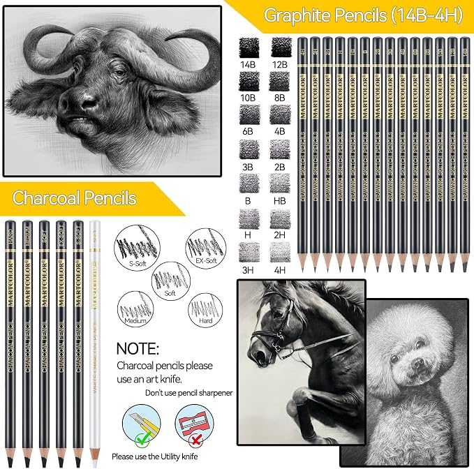 MARTCOLOR 26 Pcs Drawing Sketching Pencil Set, Graphite Pencils (14B-4H) | Charcoal Pencils, Charcoal Sticks, Blending Stump, Eraser, Sharpeners, Artist Pencils for Beginners & Pro Artists