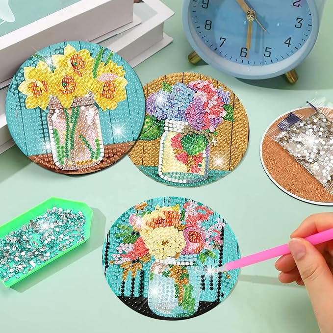 mrpwnle Diamond Art Coasters Kits, 8Pcs Flowers Diamond Painting Coasters