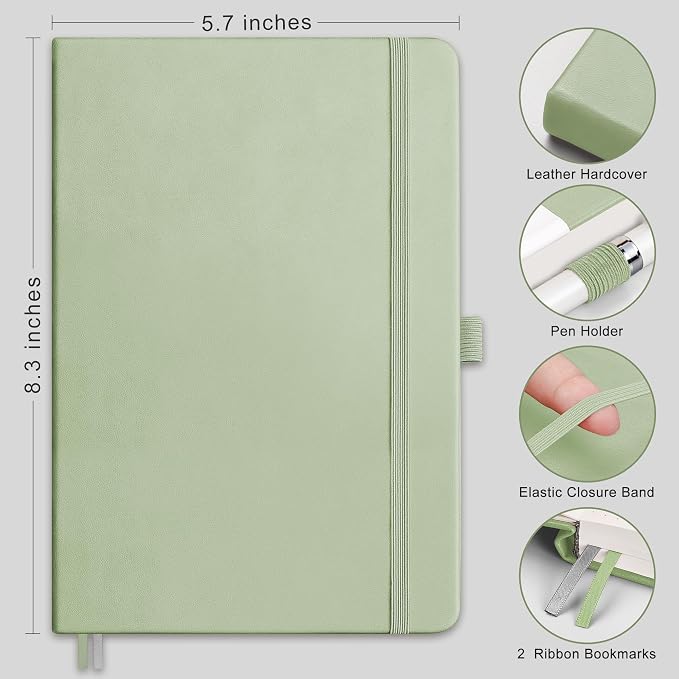 RETTACY Dotted Journal Notebook, 192 Pages, A5 Medium Size (5.7'' x 8.3'') | Leather Hardcover, 100 GSM Thick Paper, for Journaling, Planning, Tracking (Light Green)