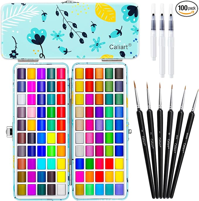 Caliart 100 Colors Watercolor Paint Set, Portable Art Supplies Palette Kit | Travel Metallic Water Color Paints, Art Coloring Painting Gifts for Adults Professionals Beginners Artists