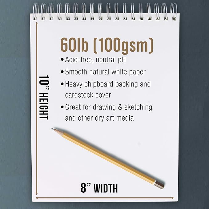 U.S. Art Supply 8"x10" Top Spiral Bound Sketch Book, 100 Sheets Each 2-Pack | 60lb (100gsm), Acid-Free, Artist Sketchbook, Drawing for Adults & Students