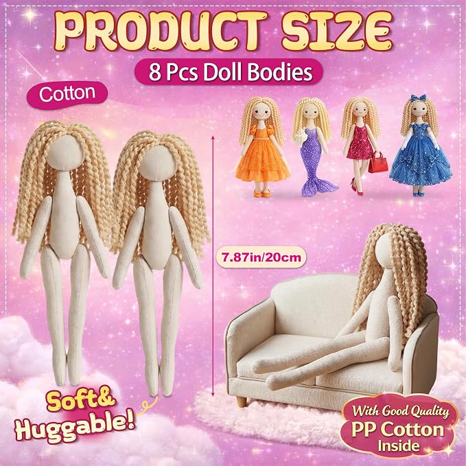 Soulchen 8 Pcs 7.8 Inch Make Your Own Doll Gift for DIY Blank Plush Craft Hair Stuffed Toys Graduation Gift Dress up Normal Body Fidget Toys Stress Relieving (Blonde)