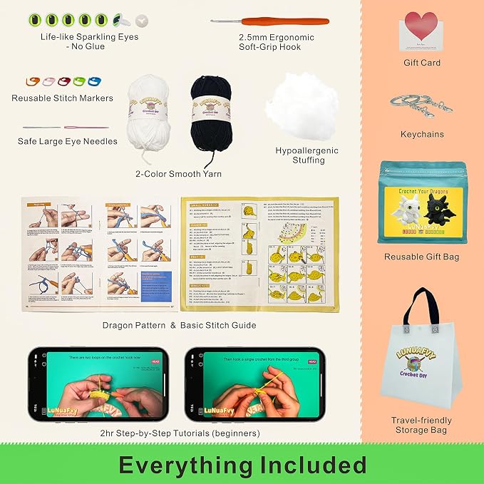 LuNuaFvy Crochet Kit for Beginners, Adults & Kids - Complete Animal Starter Kit to Make 2 Cute Dragons, Easy-to-Follow Book & Video Tutorial, Soft Yarn, Gift & Storage Bags