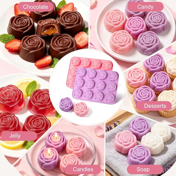 AgePlace 2 Pack Rose Silicone Mold, 24 Cavities Rose Chocolate Mold, Food-Grade Flower Silicone Molds for Chocolate, Candy, Ice Cube, Gummy, Jello, Soap, Candles