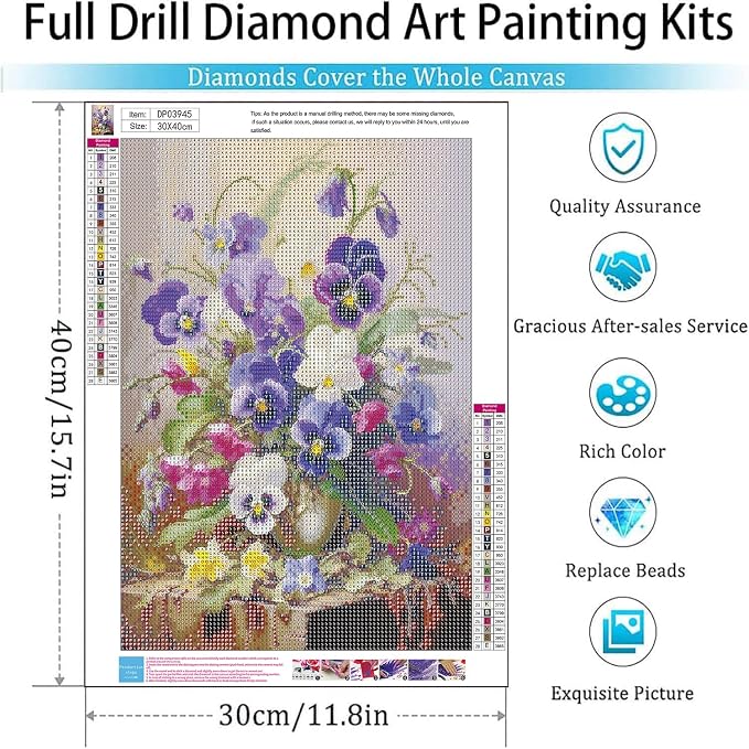 Diamond Art Kits for Adults,Pansy Flowers Diamond Painting Kits 12x16in