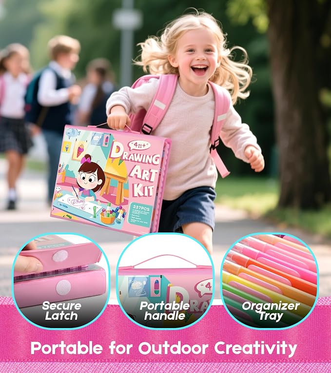 TMOL 237-Piece Kids Art Set with Double-Sided Easel, Watercolor, Oil Pastels, Painting Kits for Kids Ages 4-8, Art Supplies for Girls & Boys, Drawing Sets, Gift for Young Artists-Pink