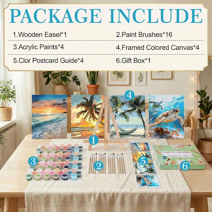 Qoosea Paint by Numbers Kit for Adults with Framed Canvas 4 Pack | Beach and Turtle Paint by Number Arts Kits for Beginner with Wooden Easel, Acrylic Set, Brushes for Home Decor, 9 * 12 Inch