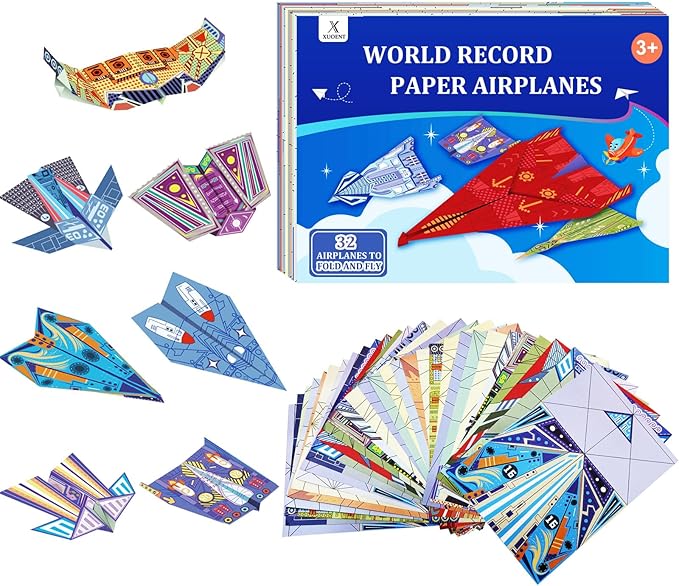 Paper Airplane Kits with 16 Classic Designs, 32 Sheets of Colorful Origami Paper, World Record Paper Planes, Craft Kit for Kids, Airplane Gifts for Boys and Girls Ages 6-12+ (Digital Manual Only)