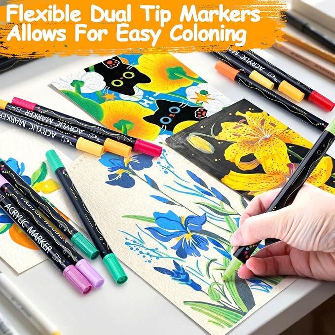 48 Colors Dual Tip Acrylic Paint Markers, Coloring Paint Pens Set, Fine Tip and Dot Tip Acrylic Paint Markers for Rock, Stone, Glass, Fabric, Canvas, Gifts for Teens, Art Painting Supplies Kit
