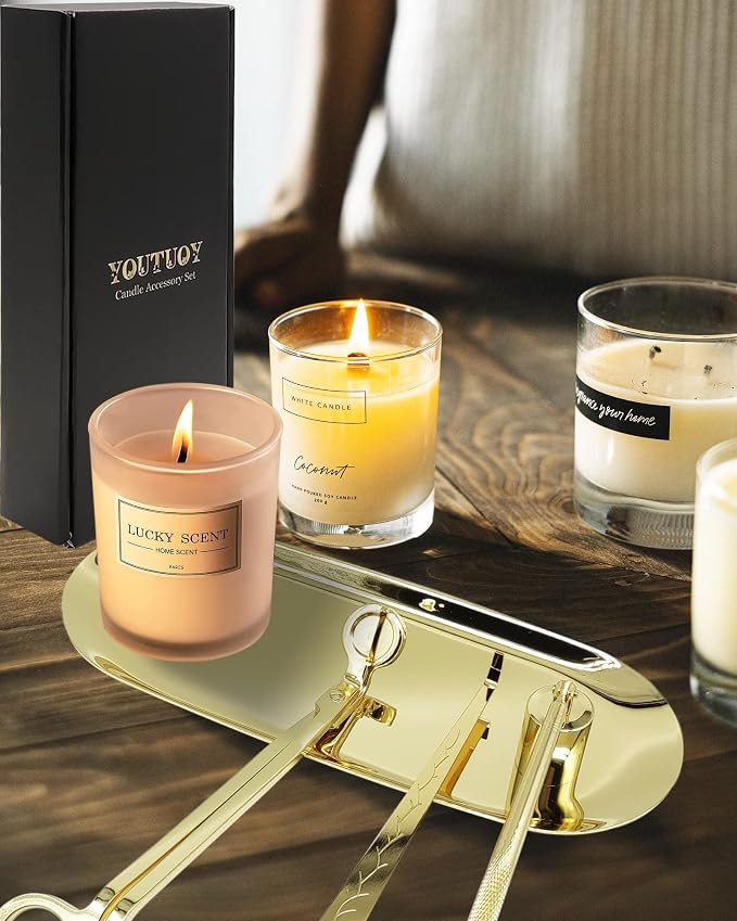 YOUTUOY 4 in1 Candle Accessory Set with Storage Tray Plate, Candle Wick Trimmer, Candle Wick Snuffer, Candle Wick Dipper, Great for Scented Candles Lovers (Gold)