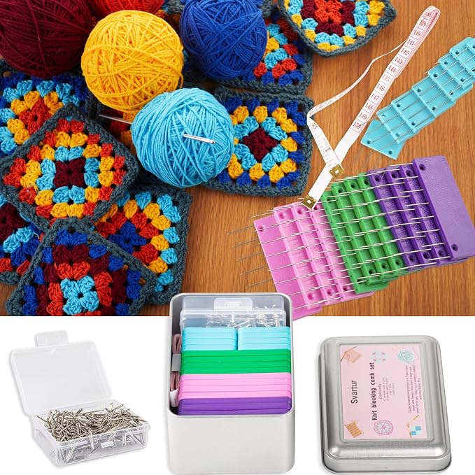 Svartur Pack of 2 Knit Blocking Pins, Total 40 Crochet Knitting Combs & 200 T-Pins, Tin Cases, Rainbow Blocking Combs for Crochet and Knitting, White & Multicolor