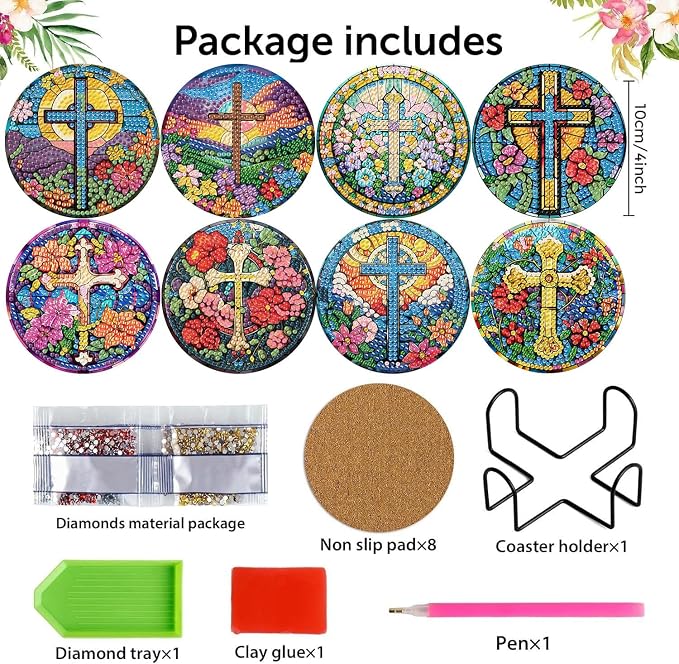 8 Pack Diamond Art Coasters Kits-Cross Diamond Painting Coasters for Adults
