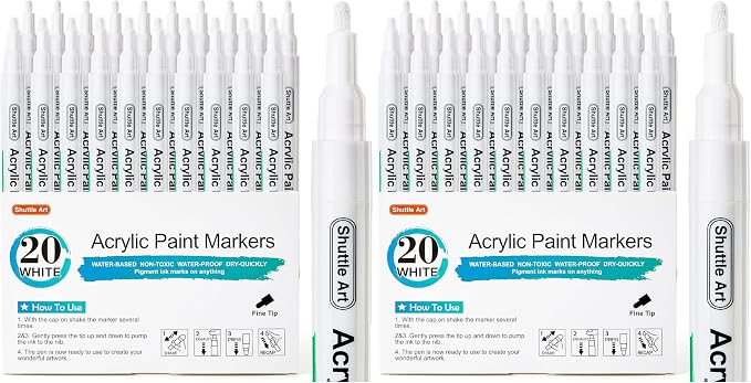 Shuttle Art White Paint Pens, 40 Pack Fine Tip Acrylic Pens, Water-Based Quick Dry Markers for Rock, Wood, Metal, Plastic, Glass, Canvas, Ceramic