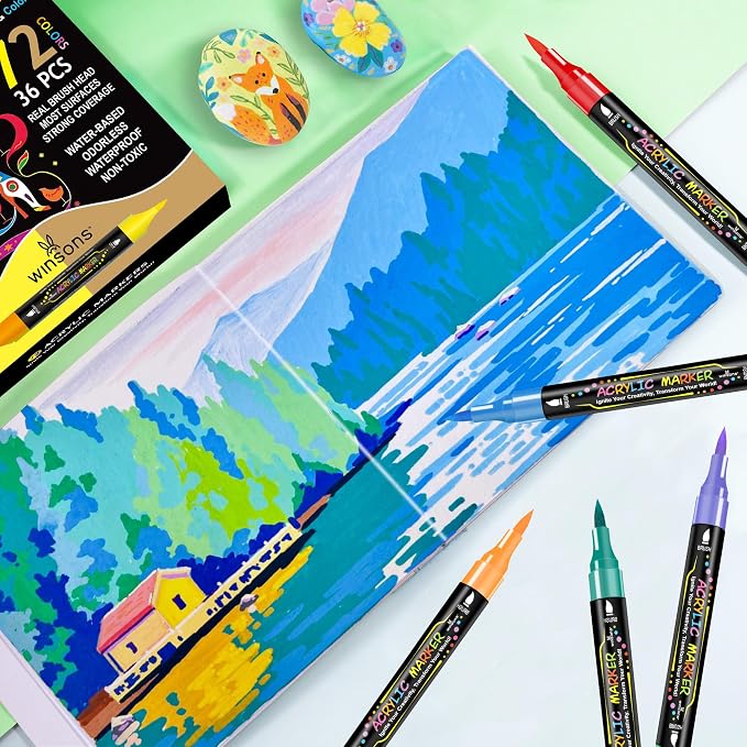 WINSONS 72 Colors Dual Tip Acrylic Paint Pens Markers, 36 Set Permanent Acrylic Paint Pens, Waterproof, Quick-Dry, Ideal for Rock Painting, Canvas, Glass, Wood, Ceramic, DIY Crafts & Art Supplies