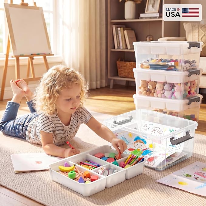 Citylife 17QT Clear Craft Organizers and Storage Box with Removable Tray | Stackable Art Supply Organizer Storage Bins with Lids for Beads, Markers, Sewing, Tools, Playdoh, Coloring Books, Made in USA