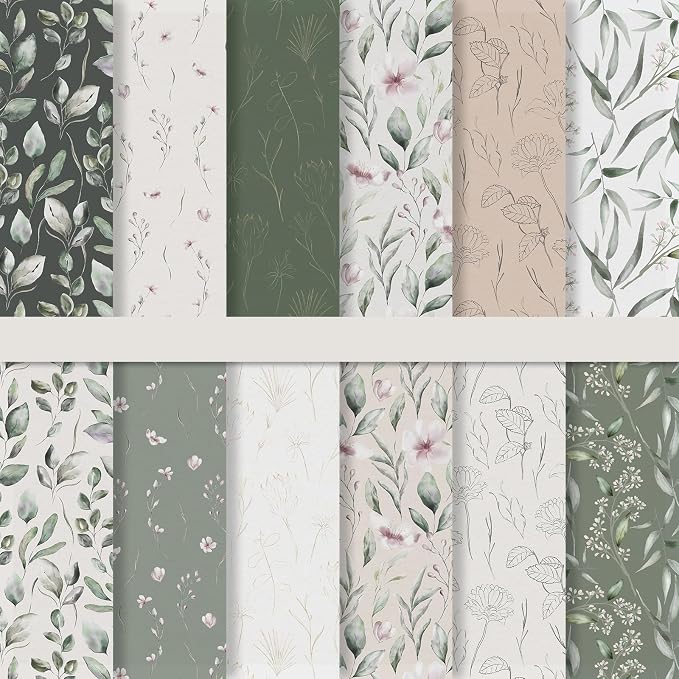 JarThenaAMCS 24 Sheet Greenery Pattern Paper Green Eucalyptus Leaves Scrapbook Specialty Paper Double Sided Craft Papers for DIY Card Making Photo Album Journal Decor, 6 x 6 Inch