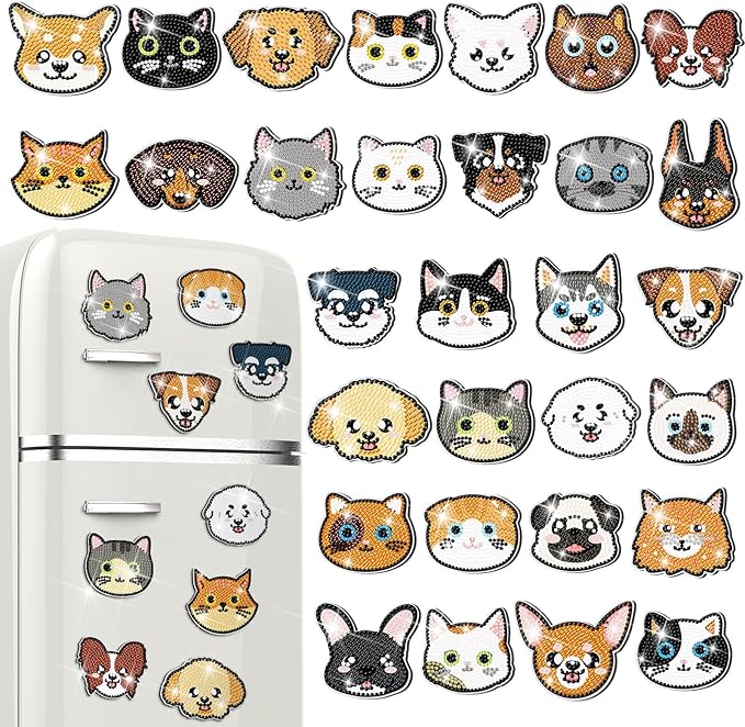 Remuuly 30 Pcs Cat and Dog Diamond Painting Magnets Diamond Art Magnets Kit | Diamond Art Kits for Adult, Refrigerator Magnet, 5D Rhinestone Fridge Magnetic Sticker, Diamond Club Gift, Beginner DIY Craft