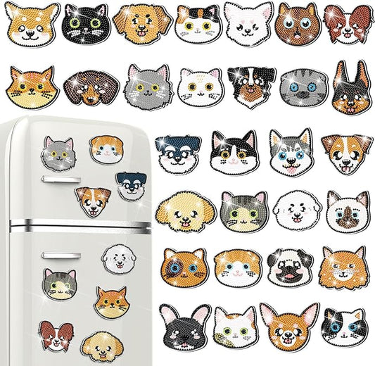 Remuuly 30 Pcs Cat and Dog Diamond Painting Magnets Diamond Art Magnets Kit | Diamond Art Kits for Adult, Refrigerator Magnet, 5D Rhinestone Fridge Magnetic Sticker, Diamond Club Gift, Beginner DIY Craft