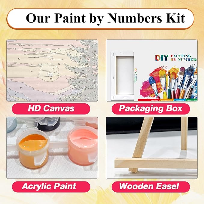 SparkGlow Landscape Paint by Numbers Kit for Adults with Frame, 8×12 Inch | Sunset Landscape Painting by Numbers, Premium Materials, Fun and Relax, Include Easel, Number Painting for Gift, Home Decor