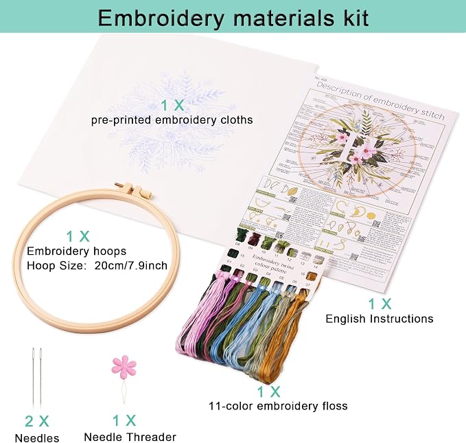 Harimau Letter F Pattern Embroidery Kit for Adult Beginners, Complete Starter Pack with 1 Hoop, Needles, Instruction Guide & Embroidery Stitch Video Tutorials
