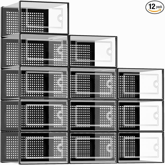 Kuject X-Large Shoe Storage Boxes 12 Pack, Clear Stackable Shoe Organizer