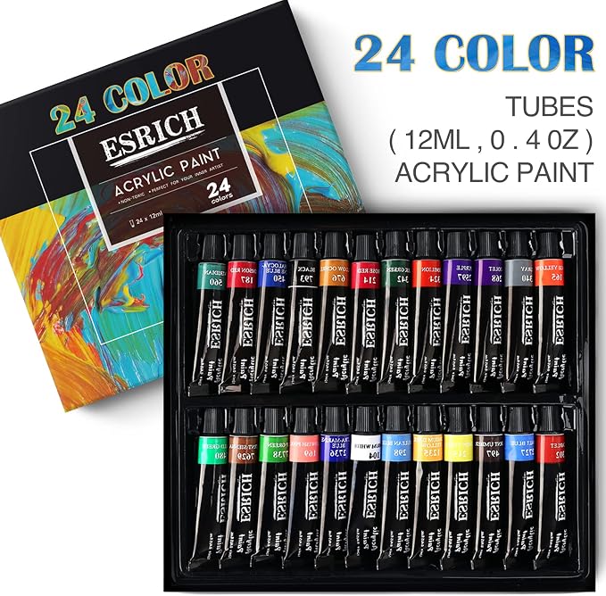 ESRICH 42 PCS Acrylic Paint Canvas Painting Kit with 24 Paints | Acrylic Paint Set, Table Wood Easel, 10 Brushes, 6 Canvas , Painting Supplies for Kids