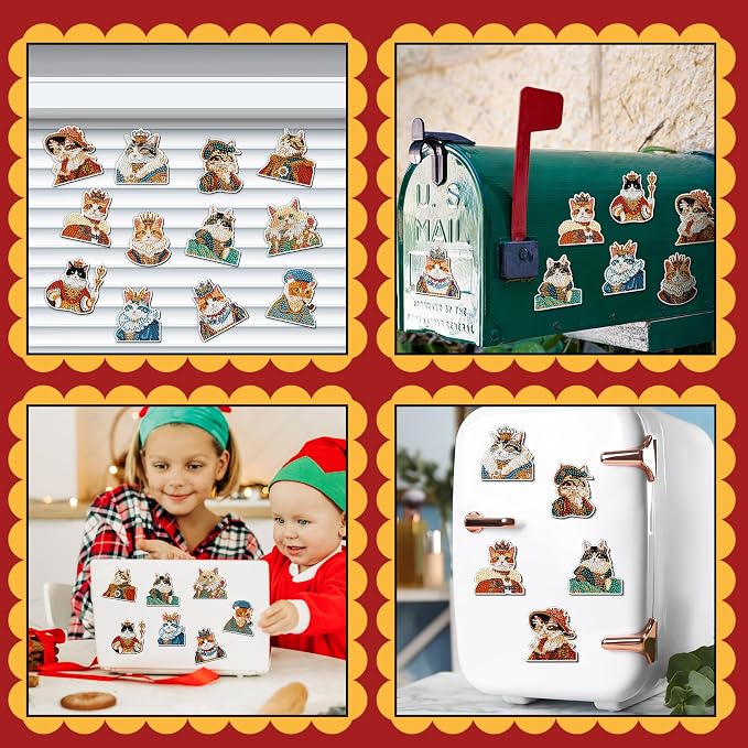 Zonon 12 Pcs Cat Diamond Magnets Fridge, Cute Kitten Decor Stickers Set | Diamond Painting Art Style, Magnetic Back for Refrigerator Surfaces, Cute Animal Characters, Kitchen Home Decor