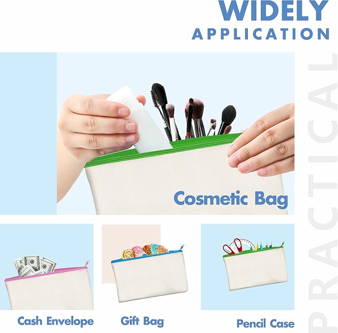 8 Pack Canvas Colorful Zipper Bags, DIY Craft Bags Travel Canvas Makeup Pouches for Cosmetic Toiletry Stationery Storage (Beige, 8.3” x 4.7”)