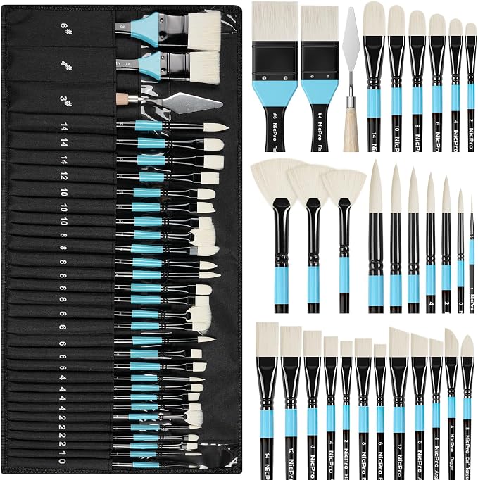 Nicpro 30pcs Paint Brush Set for Acrylic Painting, Oil, Watercolor, Gouache | 10 Shapes No Shedding Firm Synthetic Bristles with Palette Knife & Canvas Roll, Professional Painting Supplies for Artists