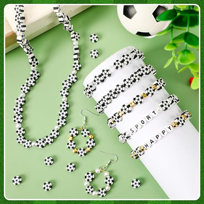 Augshy 300Pcs Soccer Clay Beads,Soccer Flat Polymer Clay Beads Charms Sports Beads for Bracelets Jewelry Making Necklaces Earrings and Crafts Supplies