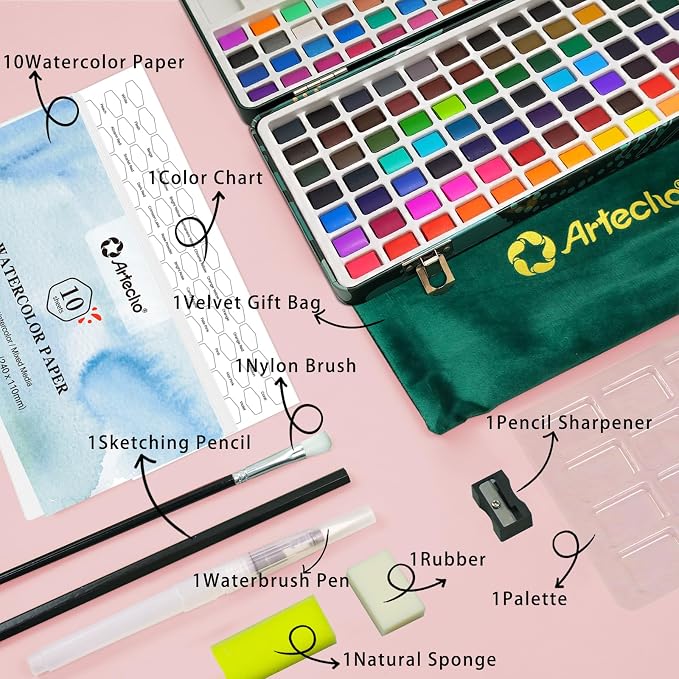 Artecho 128-Color Watercolor Paint Set with Metallics, Portable Tin Case | 128 Colors: 84 Classic, 36 Metallic, 4 Fluorescent & 4 Pastel; Water Brush, Nylon Brush, 10 Watercolor Sheets and Velvet Bag