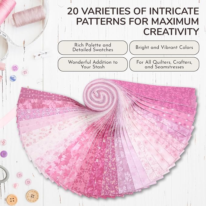 Tinyspool & Co.'s Twirlie Roll 40 Precut Quilting Fabric Strips for Quilting Supplies, Crafting, Sewing, Soft Cotton Strip for Blanket, Rug, Upholstery, Home Decor, and Purse Making, Potter’s Pink