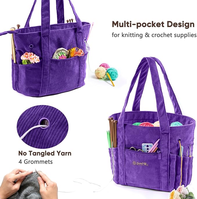 MYBAGZING Crochet Bag and Tote - Corduroy Yarn Bag - Yarn Holder for Crocheting - Crochet Storage Bag for Crochet Hooks, Crochet Accessories, Knitting Bag for Crochet Lovers, Mother's Day Gift
