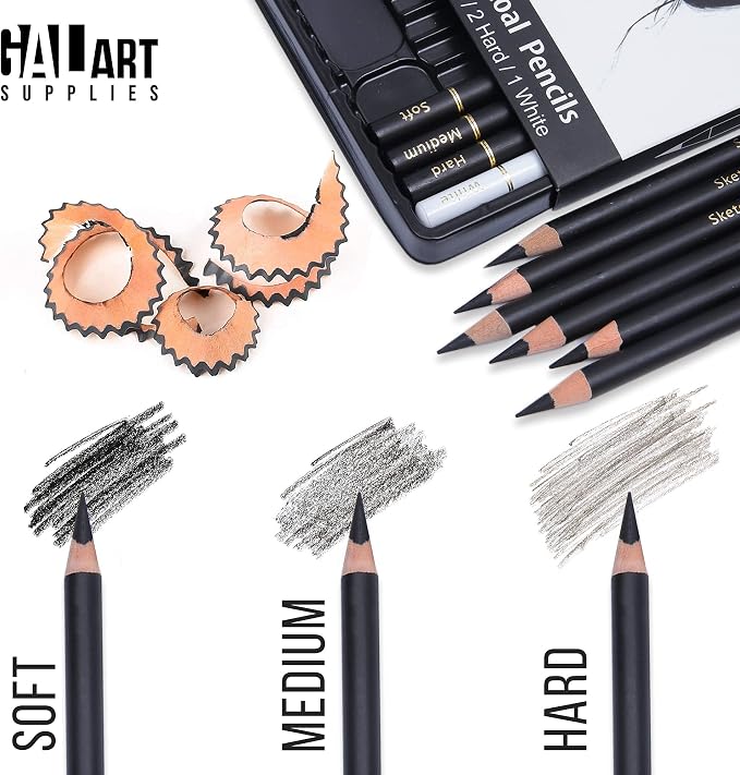 Charcoal Drawing Set with Organizer Tray – 12 Pieces Soft, Medium, Hard and White Charcoal Pencils for Drawing, Shading and Sketching for Artists and Beginners