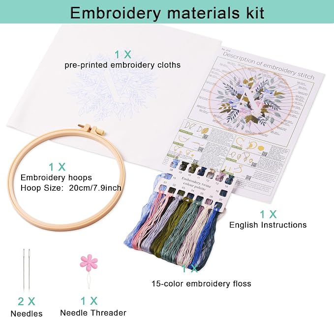 Harimau Letter N Pattern Embroidery Kit for Adult Beginners, Complete Starter Pack with 1 Hoop, Needles, Instruction Guide & Embroidery Stitch Video Tutorials