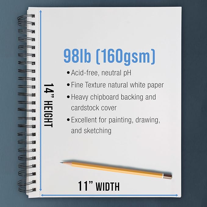 U.S. Art Supply 11"x14" Mixed Media Sketchbook, 2 Pack (60 Sheets) | 98 lb (160 gsm) - Spiral-Bound Pad with Perforated Acid-Free Paper - Artist Sketch Book For Drawing, Painting, Watercolor