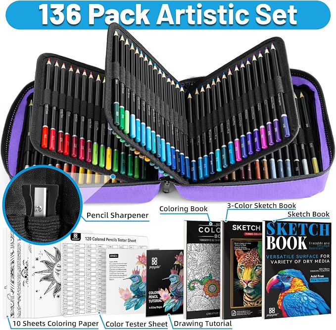136 PCS Colored Pencils Set for Adult Coloring Books, 120 Colored Pencils | with Sketchbook, Coloring Book, Sharpener, Tutorial, Color Chart, Soft Core Oil-Based, Ideal for Drawing Blending Shading