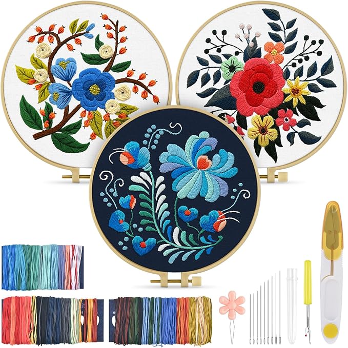 TINDTOP 3 Sets Embroidery Kit for Adults, Floral Embroidery Practice Kit