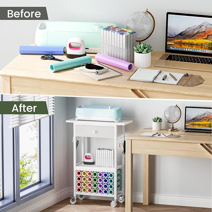 Snughome Craft Cart Compatible with Cricut Maker, Craft Organizers and Storage Table for Cricut Cart with Wheels, Drawer and 28 Vinyl Roll Holders, White, 23.6"(L) x 9.5"(D) x 31.7"(H)