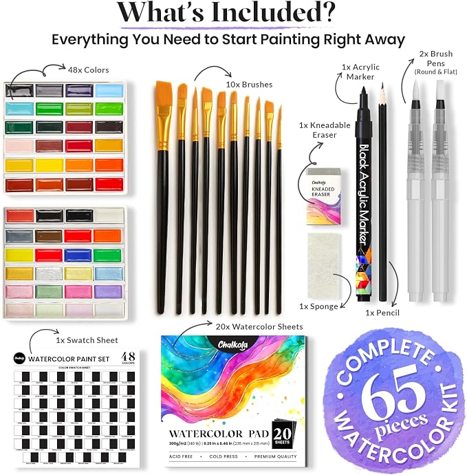 Chalkola 48 Semi Moist Water Colors Paint Adult Set - Professional XL Pans | Watercolor Paint Set with Painting Brushes, Water Color Pad & Art Supplies - Suitable for Adults, Kids, Beginner & Artists