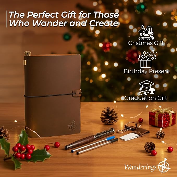 WANDERINGS Pocket Size Travelers Notebook Bundle – 4" x 5.1" (10 x 13cm) – Genuine Leather Journal with Pen Holder, Pen, 2 Ink Refills, PVC Folder & Binder Clip