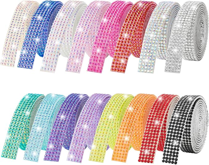16-Yard Bedazzling Strips, 5-Rows 16-Rolls Rhinestone Ribbon Self Adhesive, 16 Colors Bedazzling Kit, Rhinestones for Crafting,Rhinestone Strips for DIY Craft, 0.45inch Width