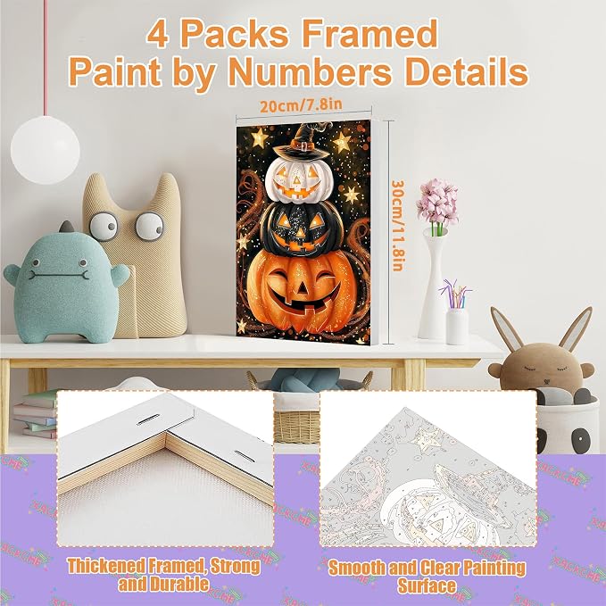 Paint by Numbers for Adults Halloween with Framed Canvas - Wooden Easel | 4 Pack Halloween Paint by Number on Canvas, DIY Acrylic Oil Painting Kits with Brushes for Home Wall Decor (8x12 inch)