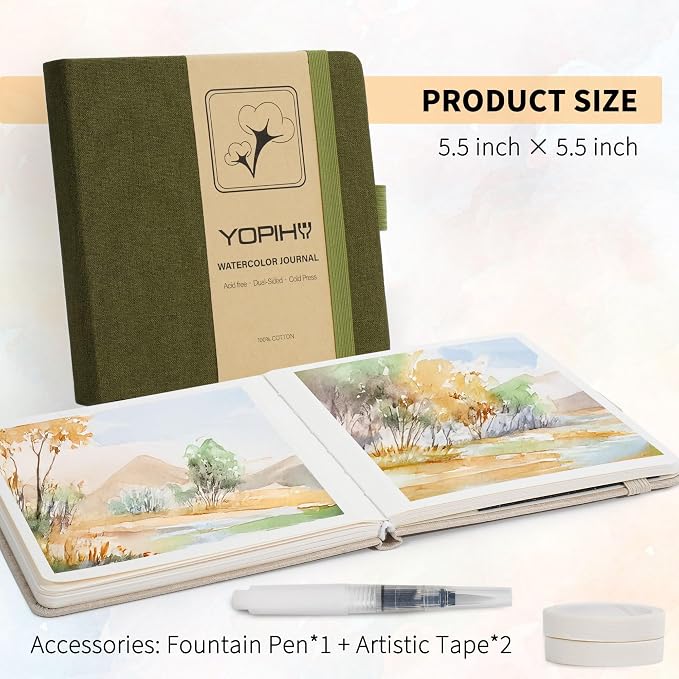 Yopih Artists Premium Linen Watercolor Sketchbook 5.5 x 5.5 in Green