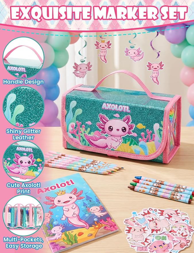 129 PCS Washable Markers Set for Kids 4-8, Axolotl Art Supplies for Kids