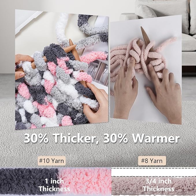 Cozyful Chunky Yarn for Hand Knitting - #10 Chunky Chenille Blanket Yarn, Jumbo Big Thick Chunky Yarns for Crocheting, Tie Dye Bulky Knit Yarns, 8 Skein (20 yds 8 oz Each Skein), Pink & Grey & White