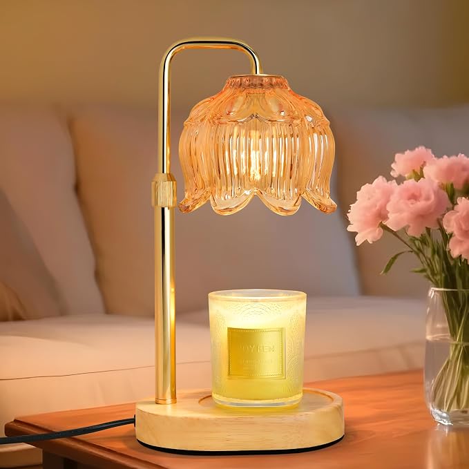 XJZJY Amber Flower Candle Warmer Lamp with Timer, Birthday Gifts for Women | Dimmable wax melt warmer with 2 bulbs for jar candles, height adjustable, lotus flower lamp, home decor, housewarming gift
