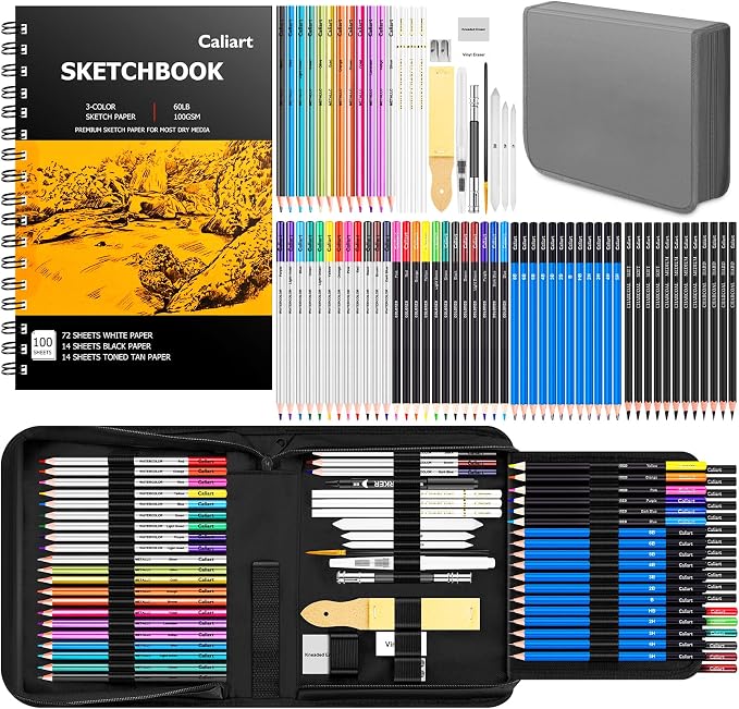 Caliart 176PCS Art Supplies Sketching Kit, 100 Sheets 3-Color Sketch Book | Graphite Colored Charcoal Watercolor & Metallic Pencils, Drawing Supplies Set Gifts for Artists Adults Teens Girls Boys Kids
