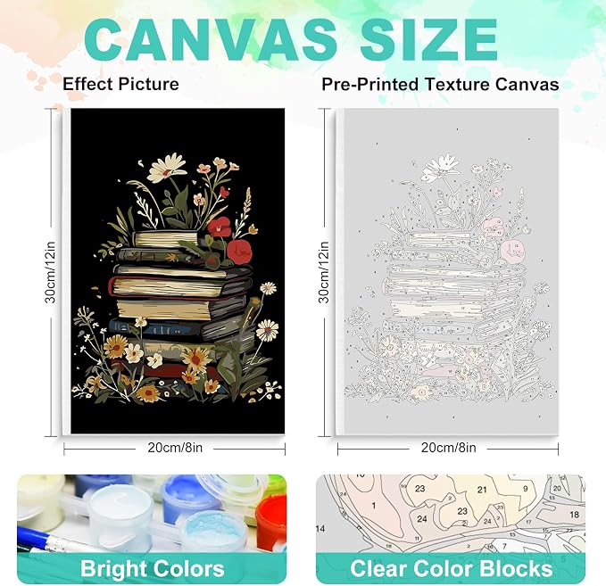 Framed Paint by Numbers Kit for Adults, Books & Wildflowers, 8 x 12 Inch | DIY Adult Paint by Number Kit for Beginners, Library Wall Decor, Stress Relief Craft Gift, Creative Hobby