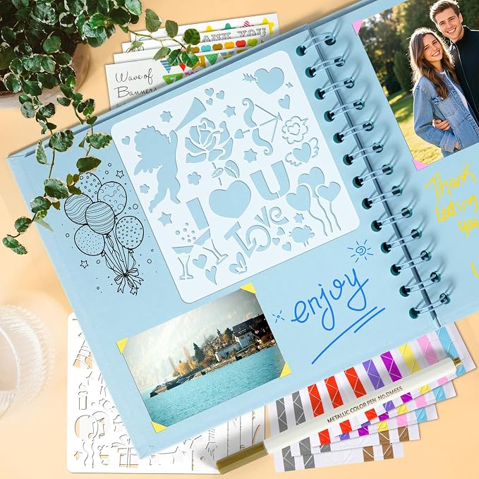 GOTIDEAL 8 x 8 Inch Scrapbook Album with Metallic Markers, Blue, 40 Pages | Kraft Paper Photo Albums for Wedding & Anniversary, Family DIY Scrap Books with Scrapbooking Stickers Corners